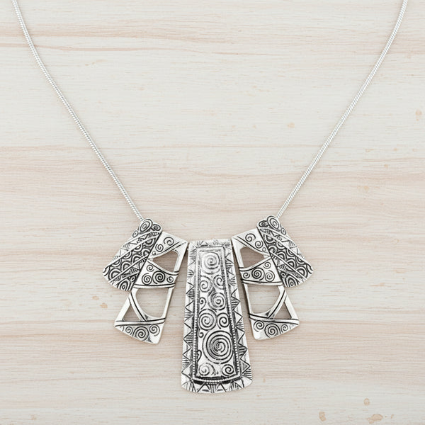 Antique Silver Etched Tribal Bib Statement Necklace — 16 Inch