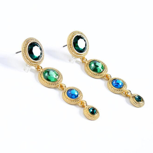 Blue & Green Crystal Chandelier Statement Earrings