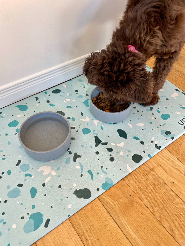 Waterproof Pet Feeding Mat — Blue Terrazzo Vegan Leather | 28 x 16.5 in