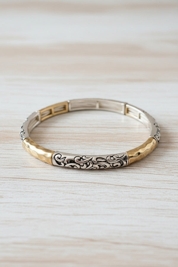 Two-Tone Swirl Bangle Bracelet — Mixed Metal Boho Style