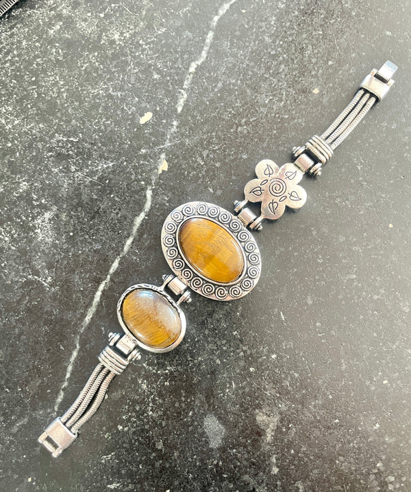 Tiger's Eye Antique Silver Statement Bracelet — 7.5 Inch
