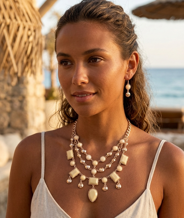 Cream & Gold Dangle Statement Necklace — 17 Inch