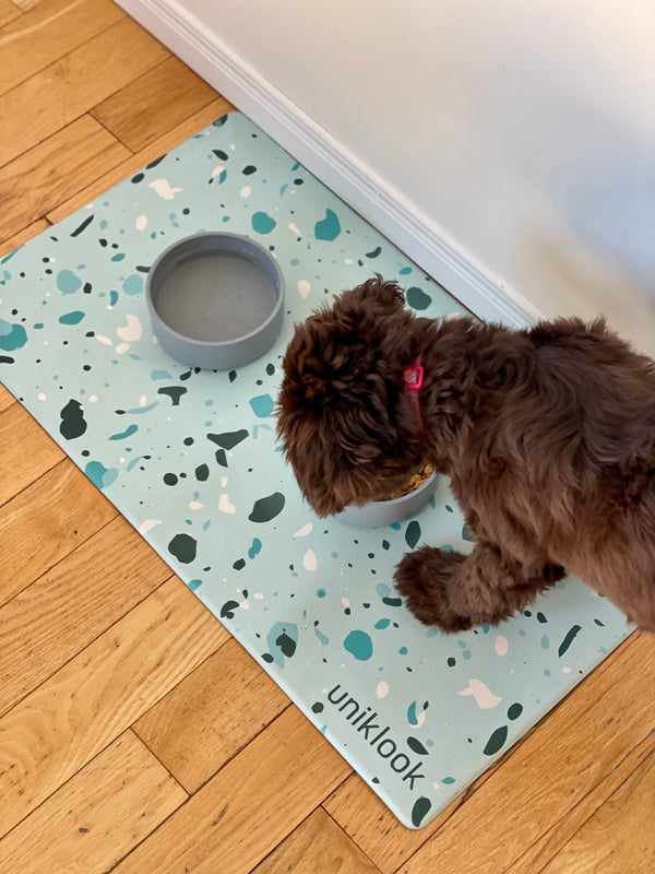Waterproof Pet Feeding Mat — Blue Terrazzo Vegan Leather | 28 x 16.5 in
