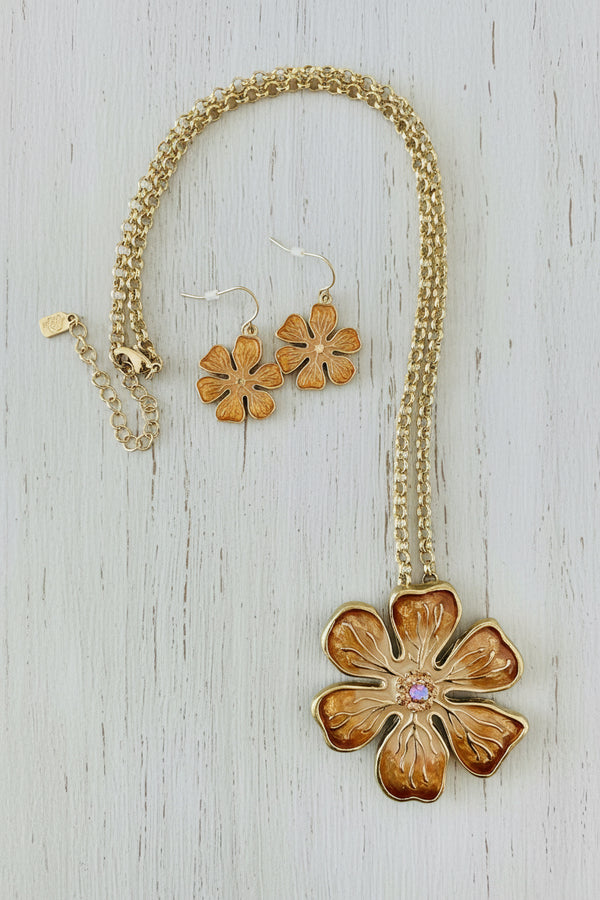 Flower pendant long necklace earrings set