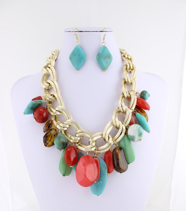 Colorful Acrylic Bead Chunky Necklace & Earrings Set