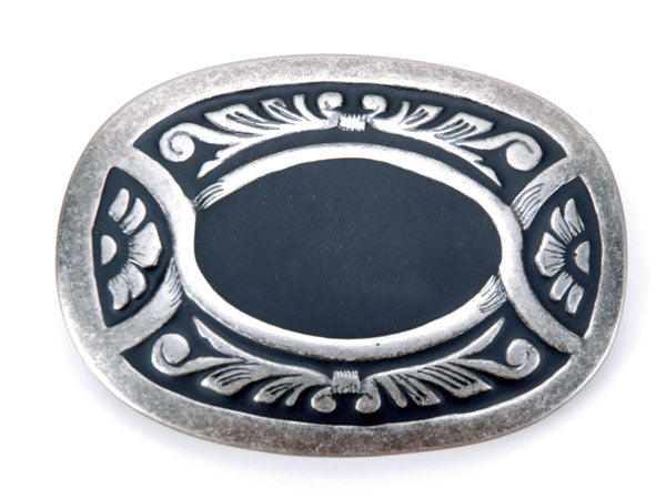 Antique Silver & Black Floral Western Belt Buckle — 3.25 x 2 Inch