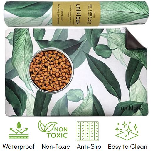 Waterproof Vegan Leather Pet Feeding Mat — Leaf Print | 28 x 16.5 in