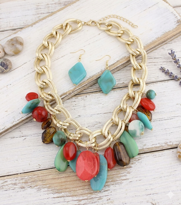Colorful Acrylic Bead Chunky Necklace & Earrings Set
