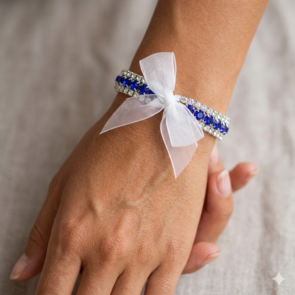 Clear & Blue 3-Row Rhinestone Stretch Bracelet with Removable Bow