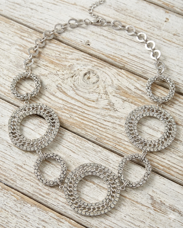 Silver Circle Link Rhinestone Statement Necklace — 18 Inch