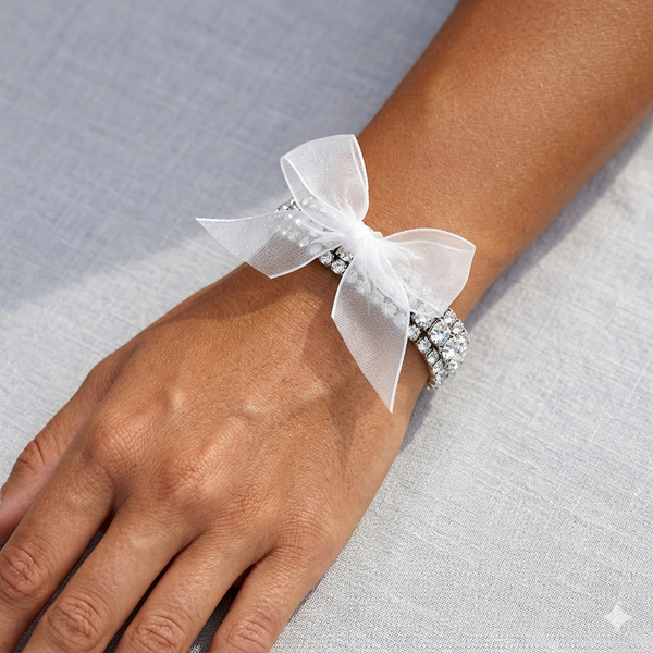 Clear Rhinestone 3-Row Stretch Bracelet with Removable Organza Bow