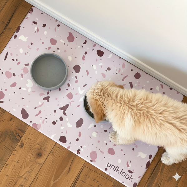 Waterproof Pet Feeding Mat — Pink Terrazzo Vegan Leather | 28 x 16.5 in