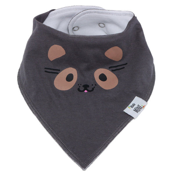 Gray baby bib with cat face design on a white background