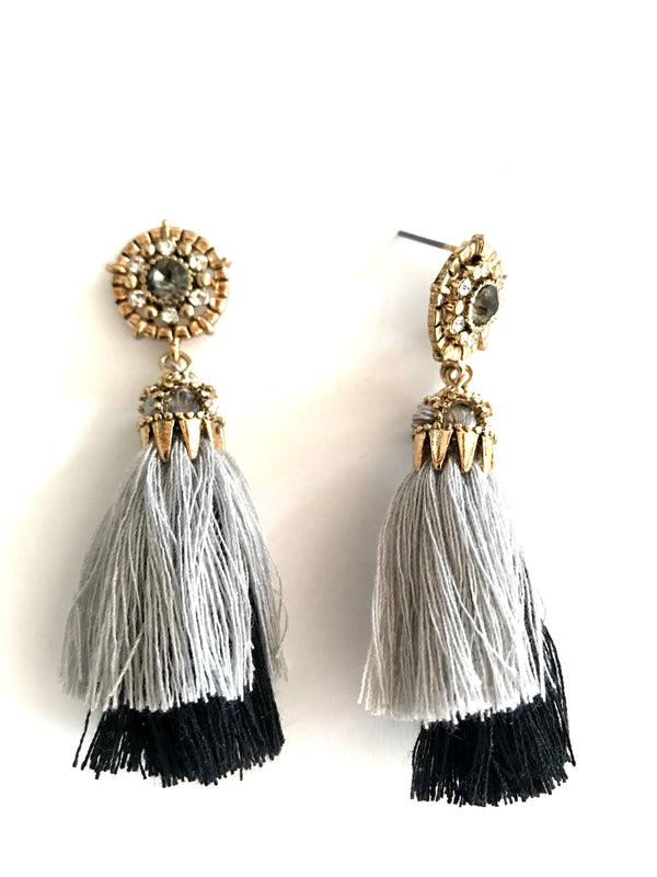 Black & Grey Crystal Tassel Drop Earrings — Gold Tone