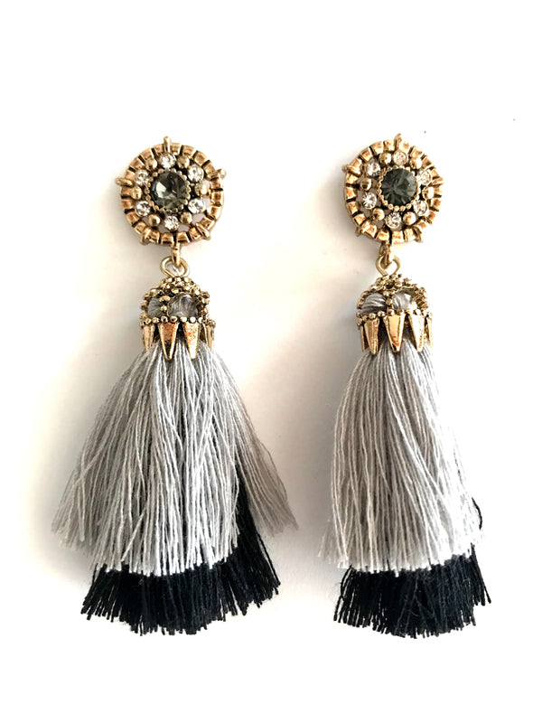 Black & Grey Crystal Tassel Drop Earrings — Gold Tone