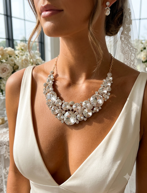 Close-up of a woman wearing a sparkling necklace with a blurred floral background