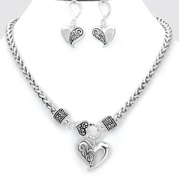 Heart Charm Wheat Chain Necklace & Earrings Set