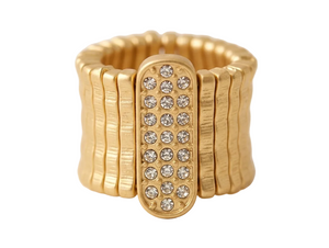 Gold ring with diamond accents on a white background