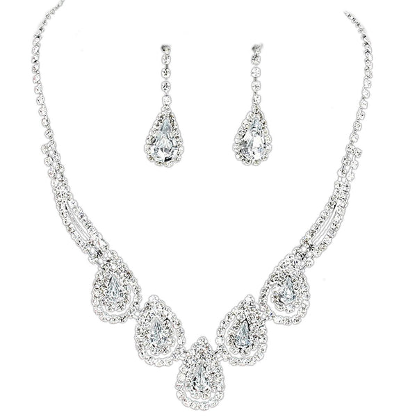 Silver Teardrop Crystal Necklace & Earrings Set – Elegant Statement Jewelry