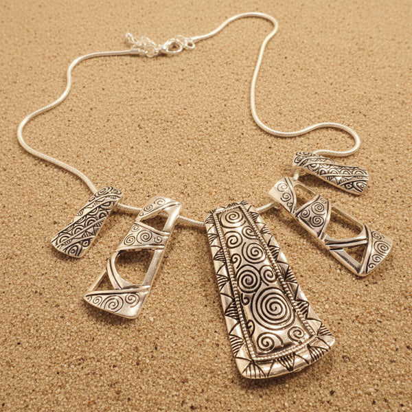 Antique Silver Etched Tribal Bib Statement Necklace — 16 Inch