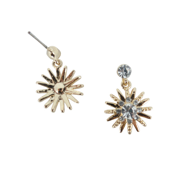 Gold sunburst earrings with a central gemstone on a light gray background