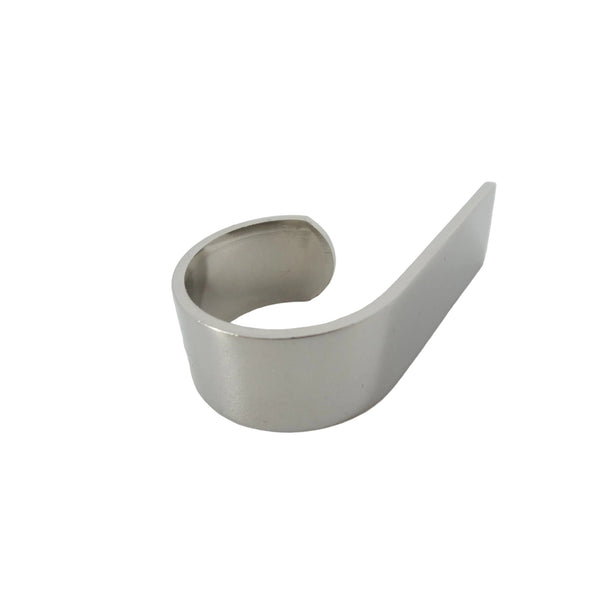 Silver ring with a unique geometric design on a white background