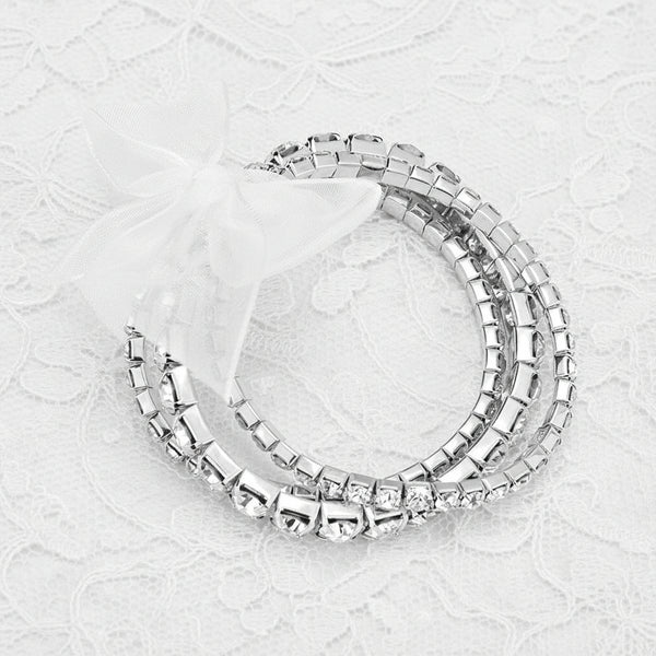 Clear Rhinestone 3-Row Stretch Bracelet with Removable Organza Bow