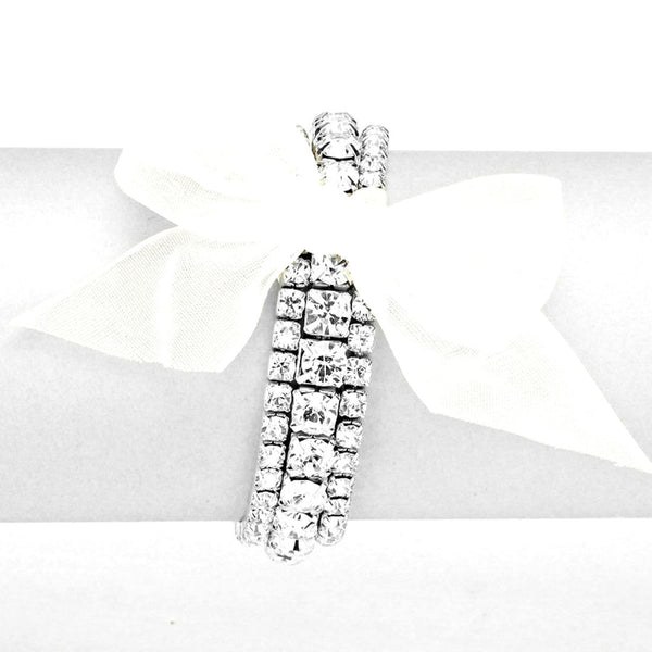 Clear Rhinestone 3-Row Stretch Bracelet with Removable Organza Bow