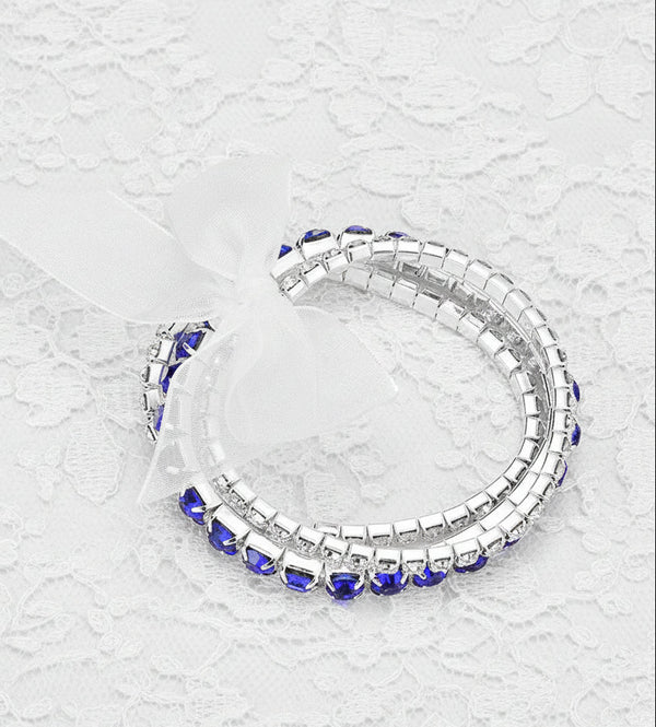 Clear & Blue 3-Row Rhinestone Stretch Bracelet with Removable Bow
