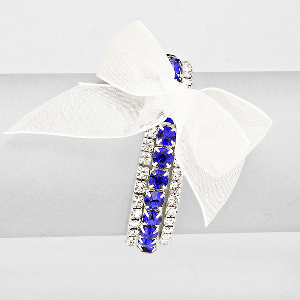 Clear & Blue 3-Row Rhinestone Stretch Bracelet with Removable Bow