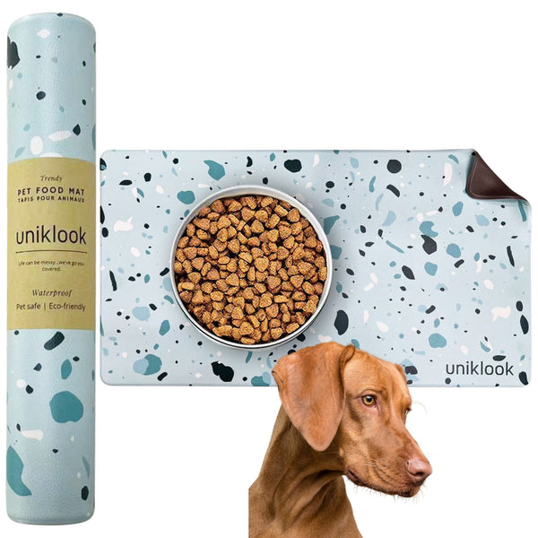 Waterproof Pet Feeding Mat — Blue Terrazzo Vegan Leather | 28 x 16.5 in