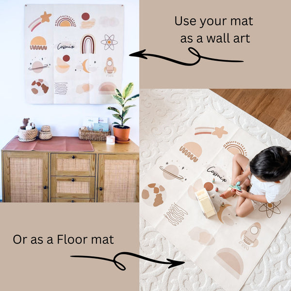 Children's play mat with geometric designs on a wooden floor, next to a wall with a matching wall art piece.