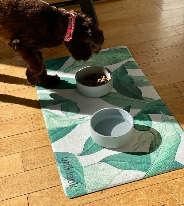Waterproof Vegan Leather Pet Feeding Mat — Leaf Print | 28 x 16.5 in