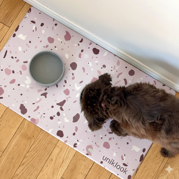 Waterproof Pet Feeding Mat — Pink Terrazzo Vegan Leather | 28 x 16.5 in