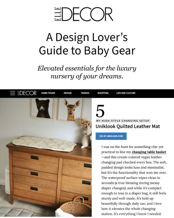 Elle Decor article on baby gear with a Uniklook quilted leather mat on a dresser.