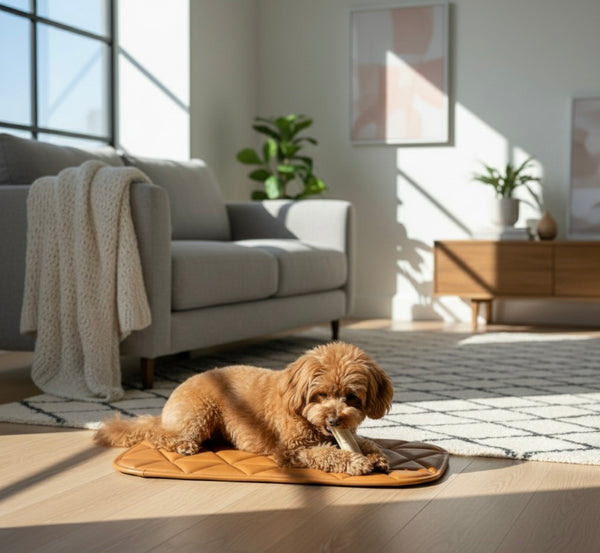Dog chewing on a bone on a rug in a sunlit living room.