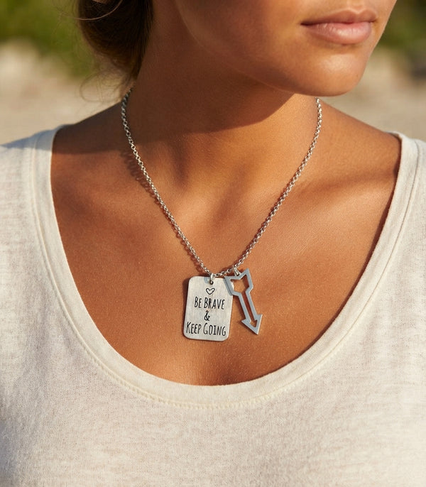 Be Brave & Keep Going Inspirational Necklace — Silver Tone