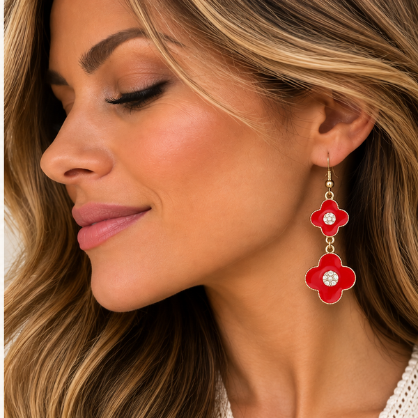 Red Enamel Double Flower Drop Earrings with Crystal Accents