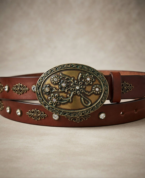 Antique Brass Floral Cross Rhinestone Western Belt Buckle
