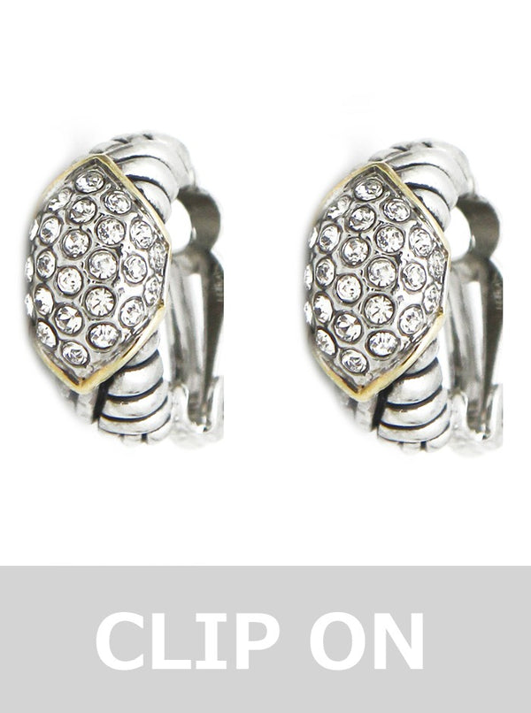 Two-Tone Crystal Pavé Clip-On Hoop Earrings – Vintage Silver & Gold