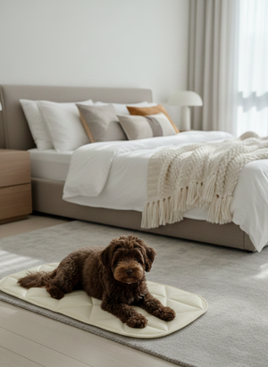 Dog lying on a mat in a bedroom with a bed and pillows in the background