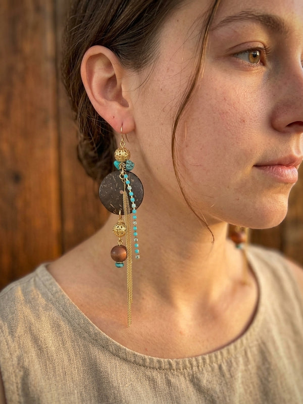 Boho Turquoise & Wood Beaded Long Dangle Earrings – Gold Chain Tassels – 4.5"
