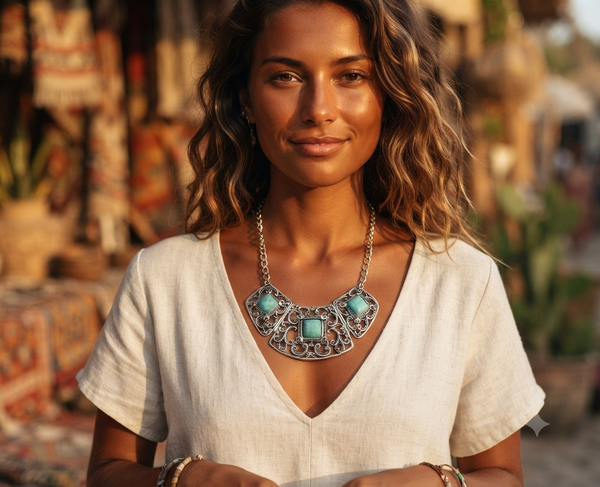 Antique Silver & Turquoise Filigree Statement Necklace