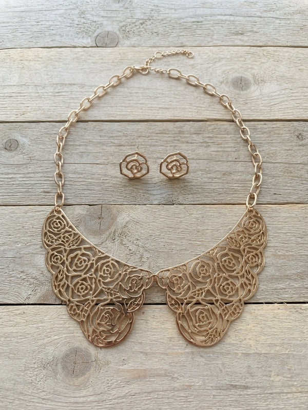 Golden Rose Filigree Statement Collar & Earring Set