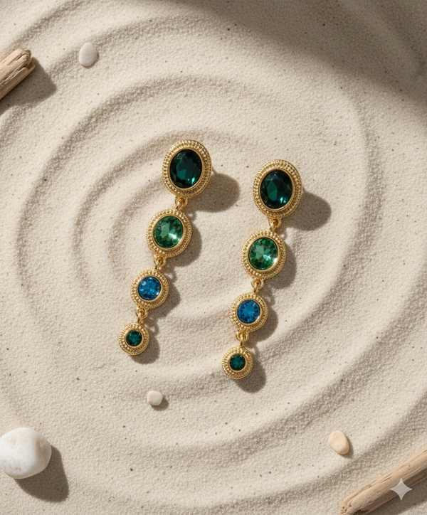 Blue & Green Crystal Chandelier Statement Earrings