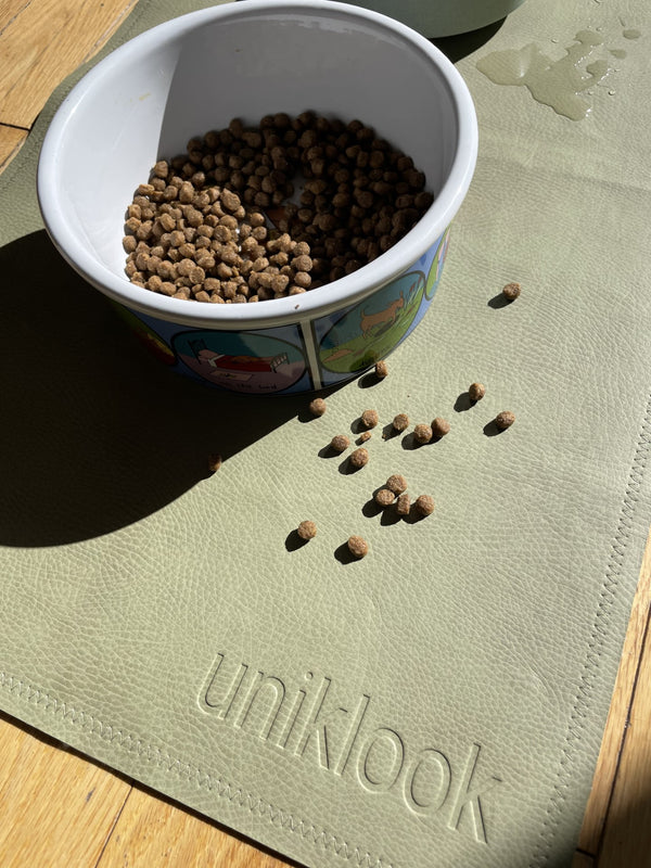 Waterproof Pet Food Mat — Hunter Green & Tan | 22 x 14 in