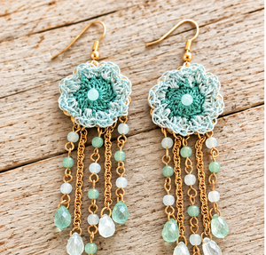 Handmade mint aqua crochet flower earrings with acrylic beads and gold tone chain tassels on pale barn wood