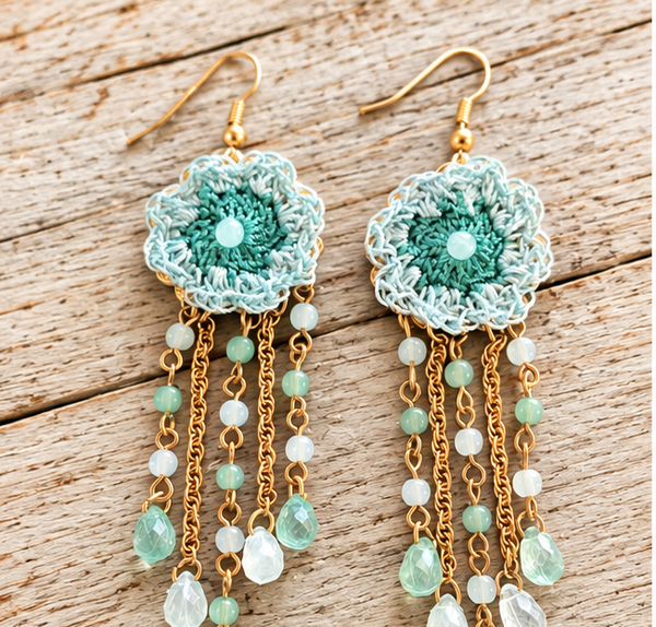 Handmade mint aqua crochet flower earrings with acrylic beads and gold tone chain tassels on pale barn wood