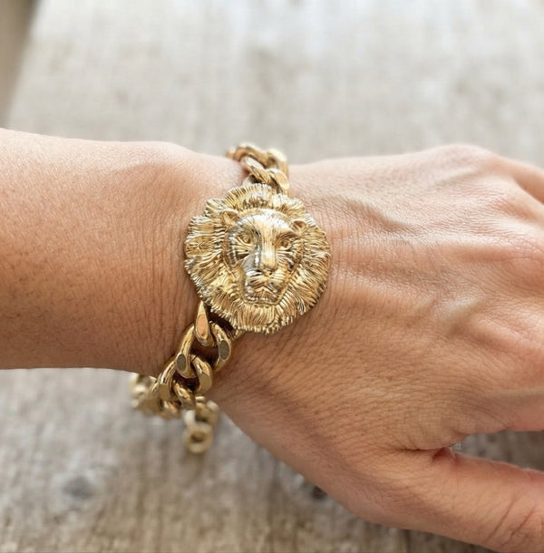 Gold Lion Cuban Link Chain Bracelet — 7.5 to 8.5 Inch