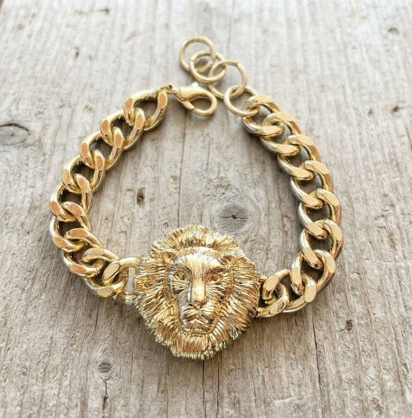 Gold Lion Cuban Link Chain Bracelet — 7.5 to 8.5 Inch